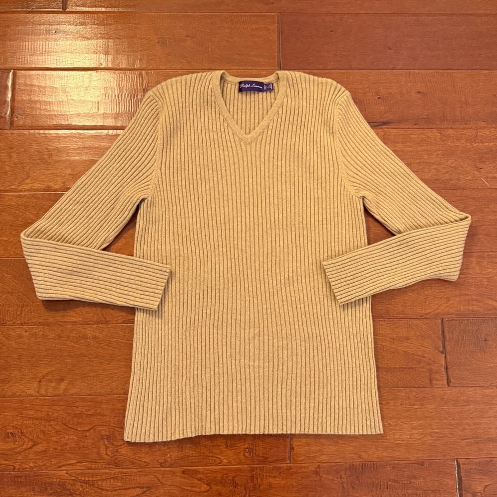 Ralph Lauren Purple Label Sweater Men's L Tan V-Neck Ribbed Knit 100% Cashmere